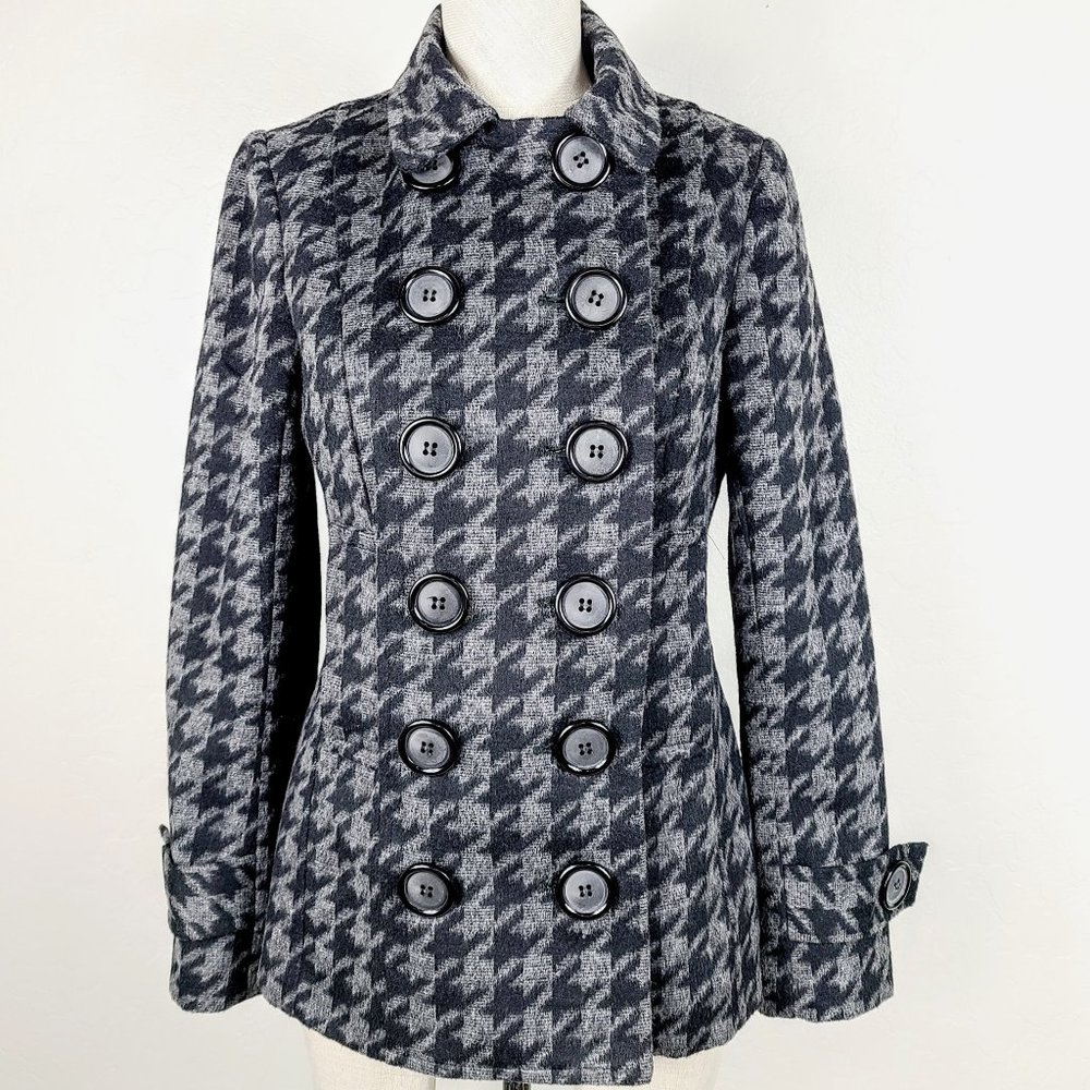 Womens Houndstooth Double-Breasted Peacoat Jacket - Gray